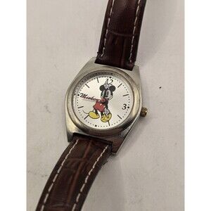 Disney Women's MCK613 Silver Mickey Mouse Brown Leather Strap Watch 26mm Japan